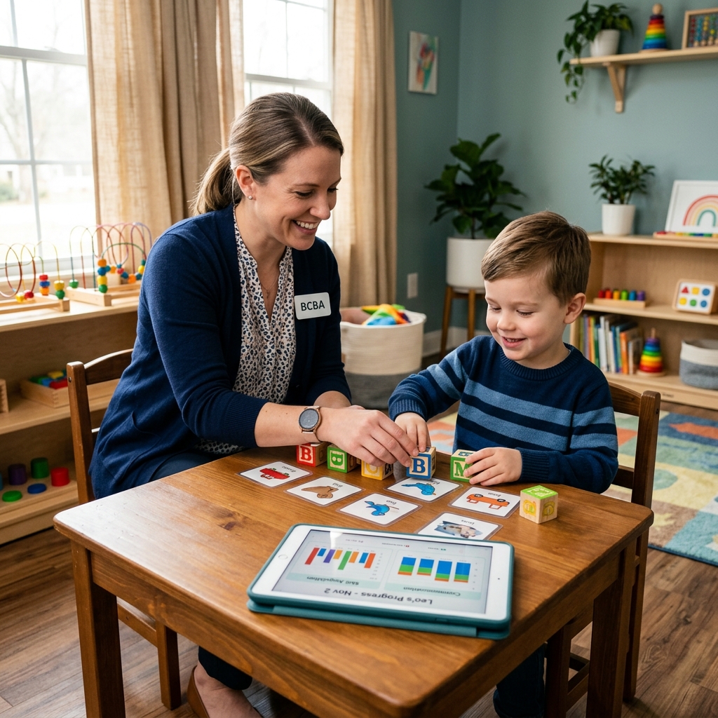 Board Certified Behavior Analyst (BCBA) working with a child in a therapy session